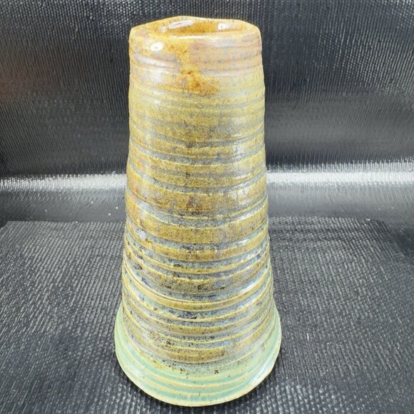 Vintage Hand Made Stoneware Pottery Bud Vase Brown Green Glaze Artist Marked VTG - Picture 10 of 12